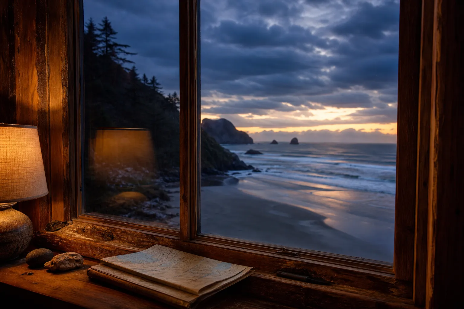 A warm cabin window framing a blue-hour view of the ocean